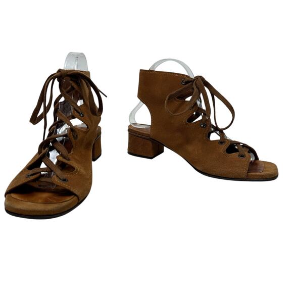Chie Mihara Lace-Up Sandals Block Heel Suede Tan Brown Size 38.5 US 8.5 - Picture 6 of 16